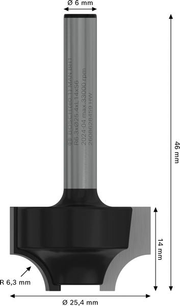 BOSCH PRO ovolo glodalo, R 6,3, prihvat 6 mm - Profilno glodalo 6x25,4x46 (2608628459) Madras doo Beograd Madras doo Beograd