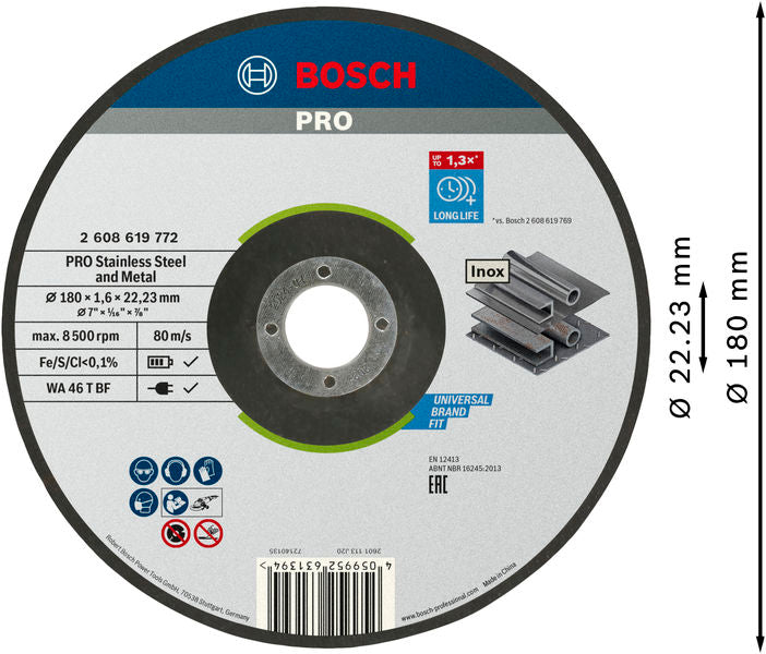 BOSCH PRO Stainless Steel and Metal lepljena rezna ploča, 180×1,6×22,23 mm, sa uvučenim centrom - Rezna ploča izvijena 180x1,6 mm SfInox (2608619772) Madras doo Beograd Madras doo Beograd