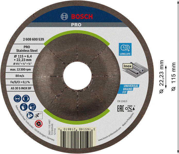 BOSCH PRO Stainless Steel brusni disk, 115×6×22,23 mm - Brus.ploča ispupčena AS30S INOX BF,115x6 (2608600539) Power Tools BOSCH Madras doo Beograd