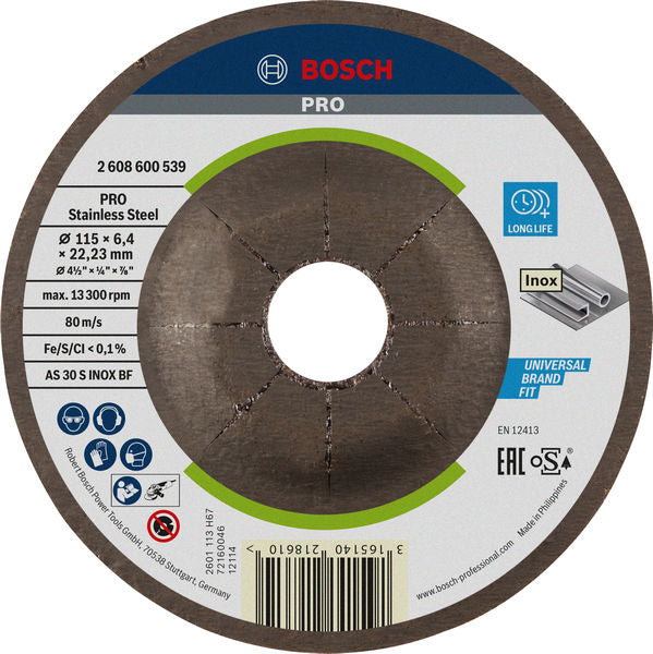 BOSCH PRO Stainless Steel brusni disk, 115×6×22,23 mm - Brus.ploča ispupčena AS30S INOX BF,115x6 (2608600539) Power Tools BOSCH Madras doo Beograd