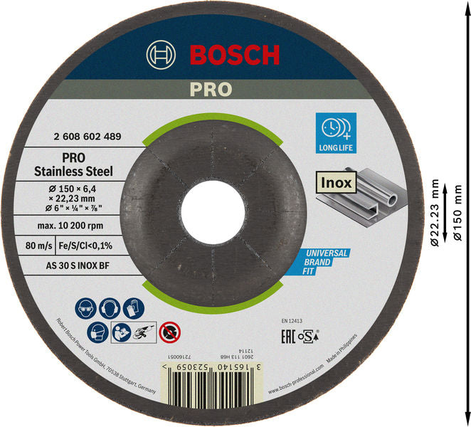 BOSCH PRO Stainless Steel brusni disk, 150×6×22,23 mm - Brusna ploča AS 30 S INOX BF,P150x6,0mm (2608602489) Power Tools BOSCH Madras doo Beograd