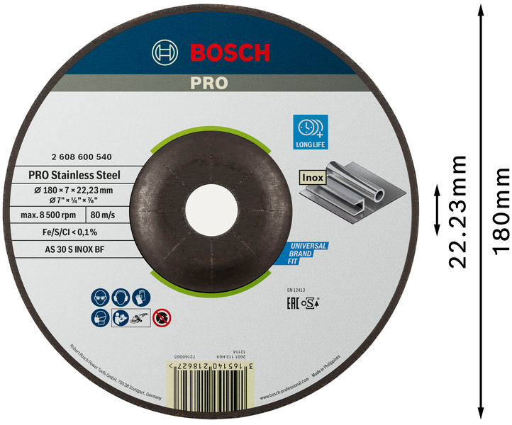 BOSCH PRO Stainless Steel brusni disk, 180×6×22,23 mm - Brus.ploča ispupčena AS30S INOX BF,180x6 (2608600540) Power Tools BOSCH Madras doo Beograd
