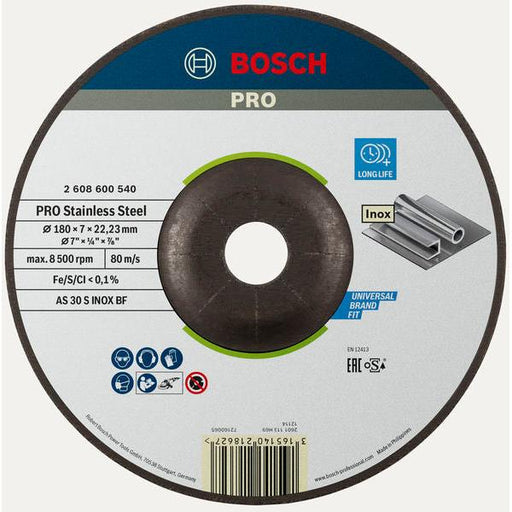 BOSCH PRO Stainless Steel brusni disk, 180×6×22,23 mm - Brus.ploča ispupčena AS30S INOX BF,180x6 (2608600540) Power Tools BOSCH Madras doo Beograd