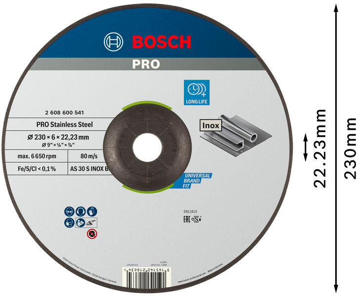 BOSCH PRO Stainless Steel brusni disk, 230×6×22,23 mm - Brus.ploča ispupčena AS30S INOX BF,230x6 (2608600541) Power Tools BOSCH Madras doo Beograd