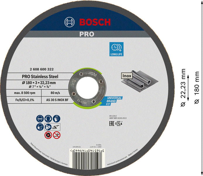 BOSCH PRO Stainless Steel rezna ploča, 180×3×22,23 mm - Rez.ploča ravna AS 30 S INOX BF,180,3 (2608600322) Madras doo Beograd Madras doo Beograd