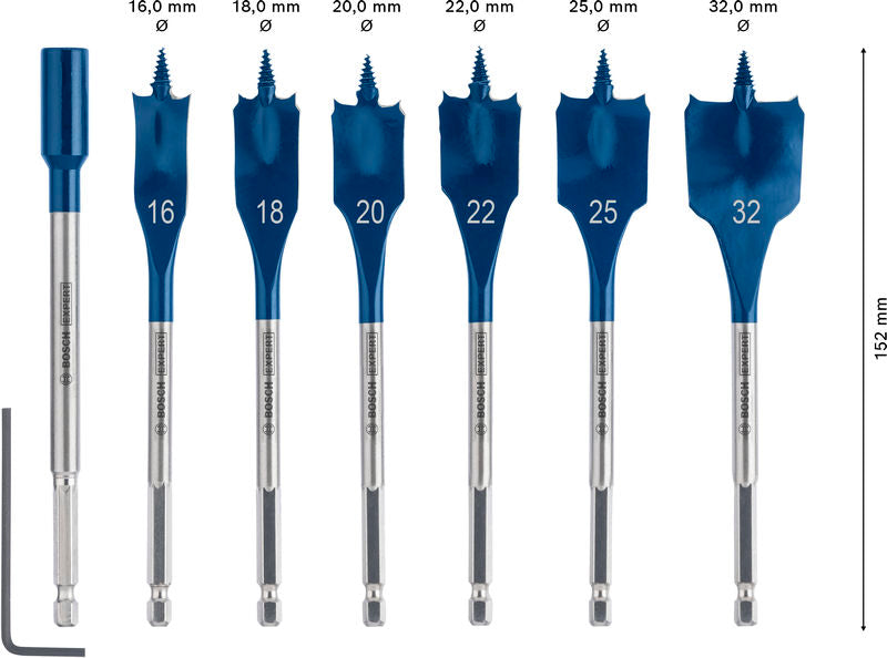 BOSCH Set EXPERT Self Cut Speed pljosnatih burgija od 16/18/20/22/25/32 + produžetak od 152 mm, 7 delova - Burgija glodalica 7Pc Spade Set (2608902110) Madras doo Beograd Madras doo Beograd
