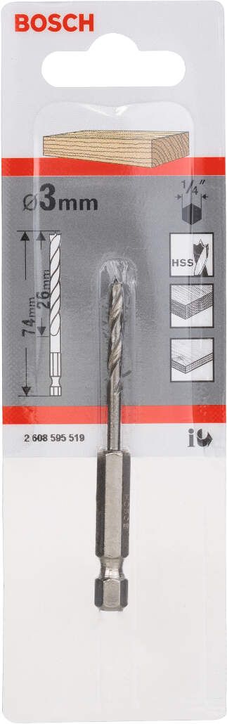 Bosch spiralna burgija za drvo, 1/4" šestostrana drška 3 x 33 x 74 mm - 2608595519 Burgija za drvo BOSCH BOSCH-2608595519 Madras doo Beograd