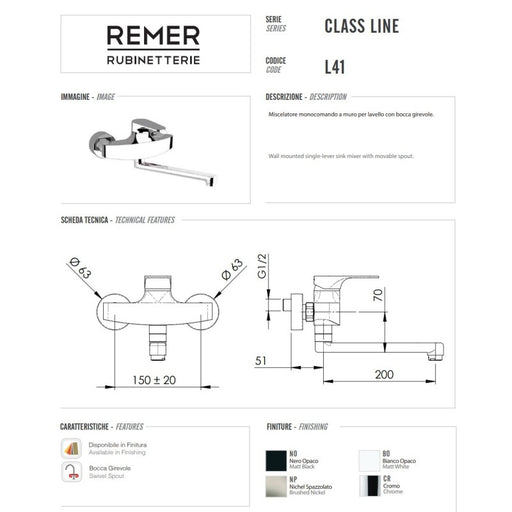 CLASS LINE BATERIJA ZA SUDOPERU-LAVABO ZIDNA REMER L41 Baterije za sudoperu Remer Madras doo Beograd