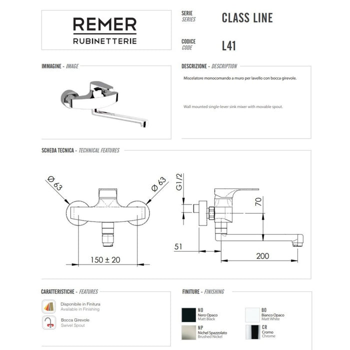CLASS LINE BATERIJA ZA SUDOPERU-LAVABO ZIDNA REMER L41 Baterije za sudoperu Remer Madras doo Beograd