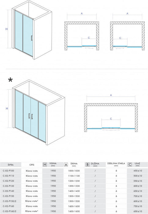 Dupla klizna vrata CONCEPT OPAL 150x195cm staklo 6mm providno (C-02-P150/2) Klizna vrata Concept C-02-P150/2 Madras doo Beograd