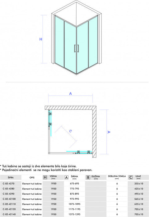 Element tuš kabine CONCEPT ATLAS ELEMENT 110x195cm staklo 6mm providno (C-02-42110) Tuš kabine Concept C-02-42110 Madras doo Beograd