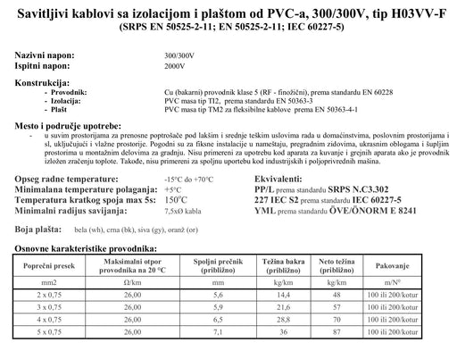 KABL PP/L 5x0,75 H03VV-F Elektromaterijal Madras doo Beograd Madras doo Beograd