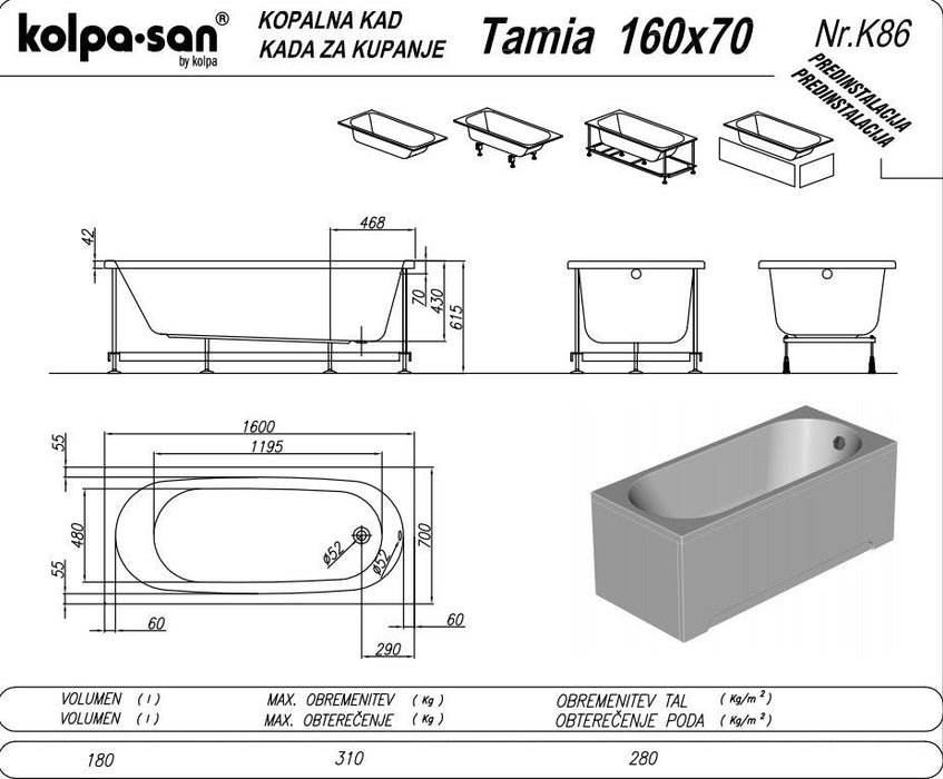 KADA AKRILNA 160X70 TAMIA – KOLPA SAN 752900 Kade Kolpa san Madras doo Beograd