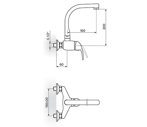 KING BATERIJA ZA SUDOPERU ILI LAVABO ZIDNA ODGORE PLJOSNATA J321J20 ROSAN Baterije Rosan Madras doo Beograd