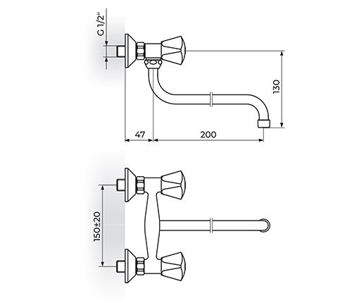 KLASIK BATERIJA ZA SUDOPERU ILI LAVABO ZIDNA 200mm DONJI IZLIV K01101 ROSAN Baterije Rosan K01101 Madras doo Beograd