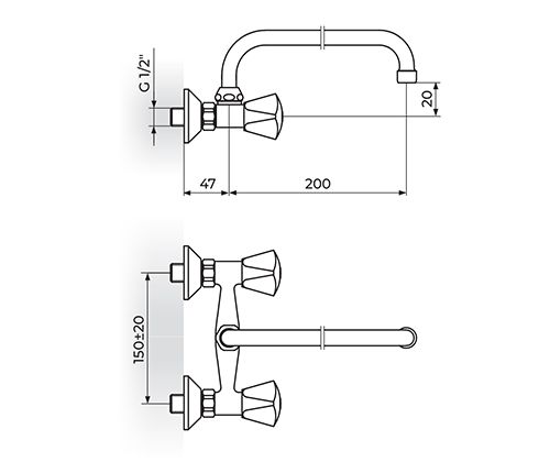 KLASIK BATERIJA ZA SUDOPERU ILI LAVABO ZIDNA 200mm GORNJI IZLIV K03101 ROSAN Baterije Rosan K03101 Madras doo Beograd