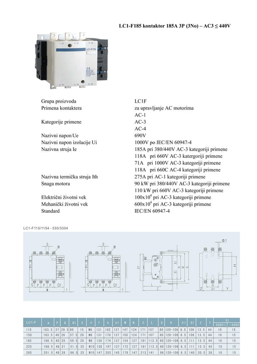 KONTAKTOR B LC1-F 185A 3P AC 220V Elektromaterijal MakTrade Madras doo Beograd
