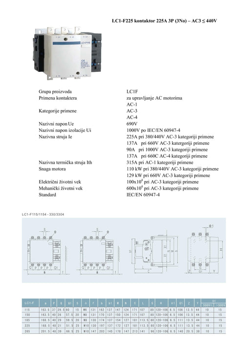 KONTAKTOR B LC1-F 225A 3P AC 220V Elektromaterijal MakTrade Madras doo Beograd