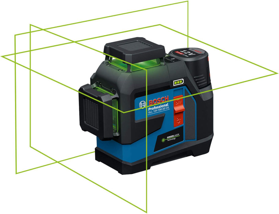 Linijski laser Bosch GLL 12V-100-33 CG 100m sa nosačem i 4x1.5V AA baterijama (0601065400) Linijski laser 360° BOSCH Madras doo Beograd
