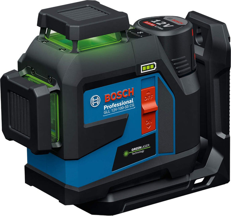 Linijski laser Bosch GLL 12V-100-33 CG 100m sa nosačem i 4x1.5V AA baterijama (0601065400) Linijski laser 360° BOSCH Madras doo Beograd