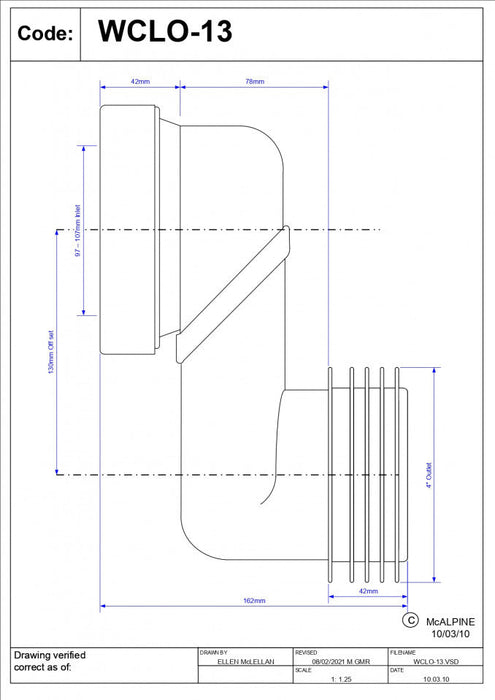 Priključak McALPINE za wc šolju simplon excentar 130mm (WCLO-13) Vodovod i instalacije Mc Alpine WCLO-13 Madras doo Beograd