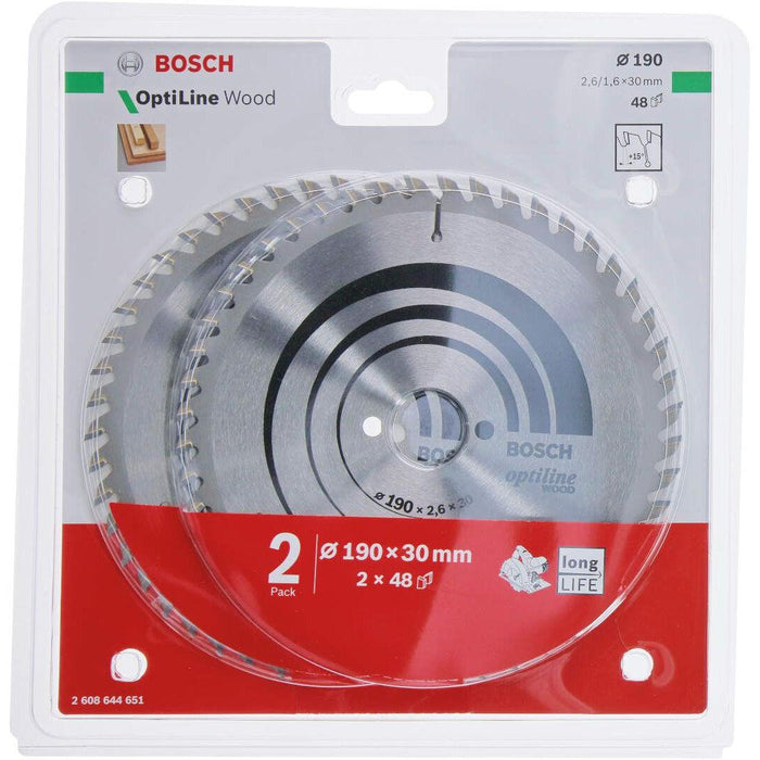 Set 2 x list kružne testere za drvo Optiline Wood 190 x 30 x 2,6 mm, 48 - 2608644651 Set listova testere za drvo BOSCH BOSCH-2608644651 Madras doo Beograd