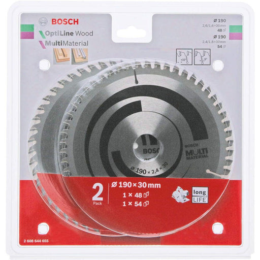 Set listova testere za drvo 190x2,6x30 48T i univerzalni (aluminijum i plastika) 190x2,4x30 54T Bosch - 2608644655 Set listova testere za drvo BOSCH BOSCH-2608644655 Madras doo Beograd