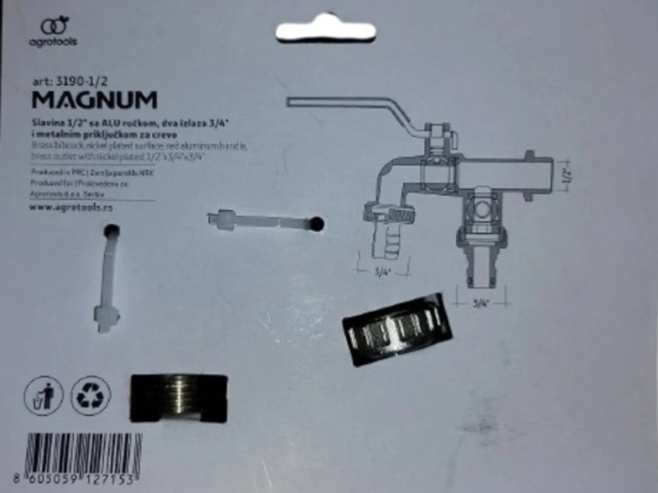 Slavina 1/2" sa ALU ručkom, dva izlaza 3/4" i metalnim priključkom za crevo MAGNUM (3190-1/2) Baštenske slavine Magnum Madras doo Beograd
