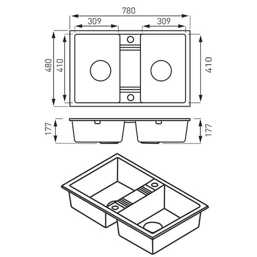 SUDOPERA GRANITNA FERRO 780X480 2D CRNA SA POP-UP SIFONOM fi115 Sudopere Ferro DRGM2/48/78BA Madras doo Beograd