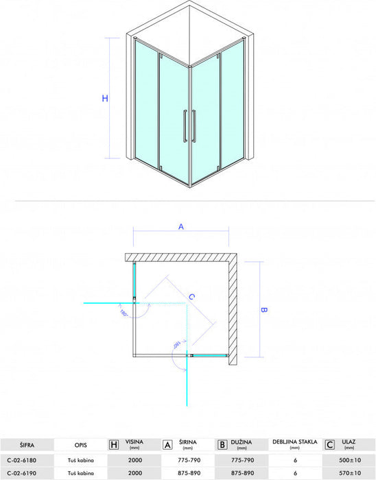 Tuš kabina CONCEPT ABSOLUT 80x80x200cm staklo 6mm providno sa pivot vratima (C-02-6180) Tuš kabine Concept C-02-6180 Madras doo Beograd