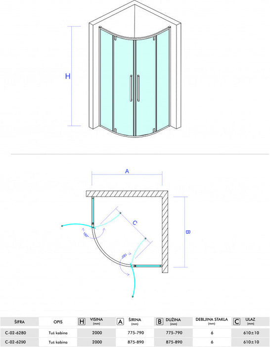 Tuš kabina CONCEPT ABSOLUT R80x200cm staklo 6mm providno sa pivot vratima (C-02-6280) Tuš kabine Concept C-02-6280 Madras doo Beograd