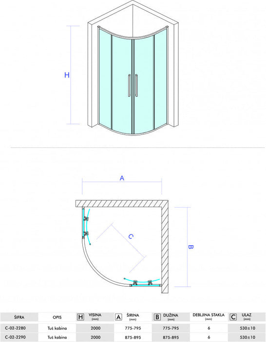 Tuš kabina CONCEPT DEVON200 R80x200cm staklo 6mm providno sa tankim ramom (C-02-2280) Tuš kabine Concept C-02-2280 Madras doo Beograd