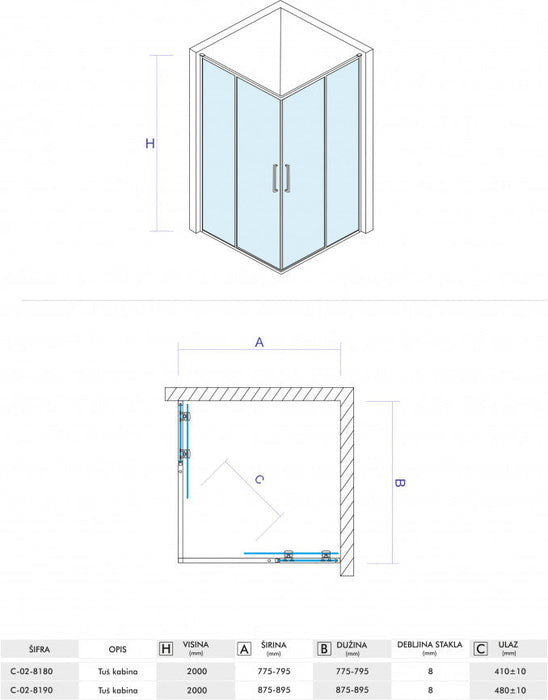 Tuš kabina CONCEPT STAR 80x80x200cm staklo 8mm providno (C-02-8180) Tuš kabine Concept C-02-8180 Madras doo Beograd