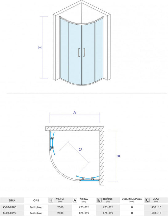 Tuš kabina CONCEPT STAR R90x200cm staklo 8mm providno (C-02-8290) Tuš kabine Concept C-02-8290 Madras doo Beograd