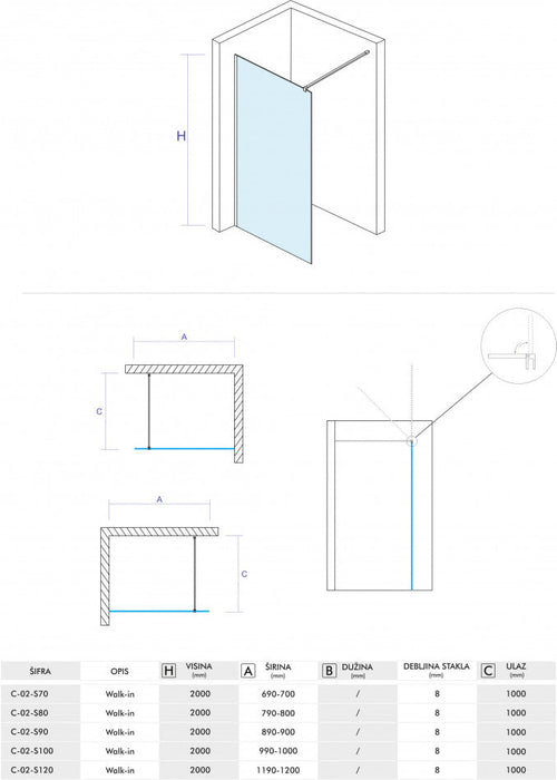 Walk-in CONCEPT MONTE 100x200cm 8mm staklo (C-02-S100) Walk-in paravani Concept C-02-S100 Madras doo Beograd