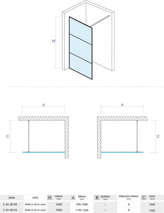 Walk-in CONCEPT MONTE 90x200cm crni mat ram 8mm staklo (C-02-SB90) Walk-in paravani Concept C-02-SB90 Madras doo Beograd