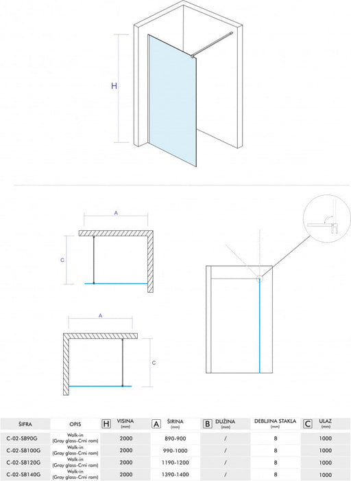 Walk-in CONCEPT MONTE DARK 100x200cm crni mat ram 8mm grey staklo (C-02-SB100G) Walk-in paravani Concept C-02-SB100G Madras doo Beograd