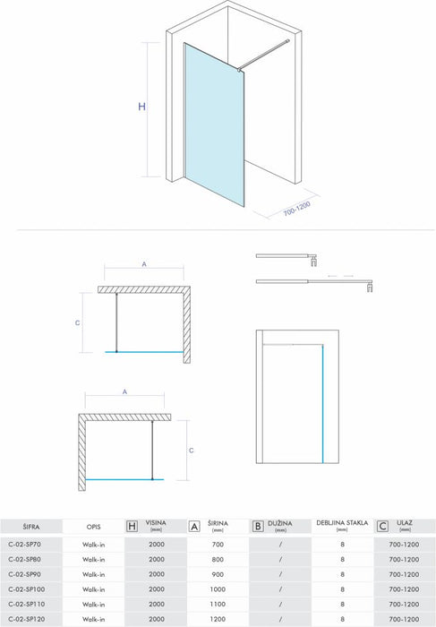 Walk-in CONCEPT PROJECT 1000x2000 8mm staklo (C-02-SP100) Walk-in paravani Concept C-02-SP100 Madras doo Beograd